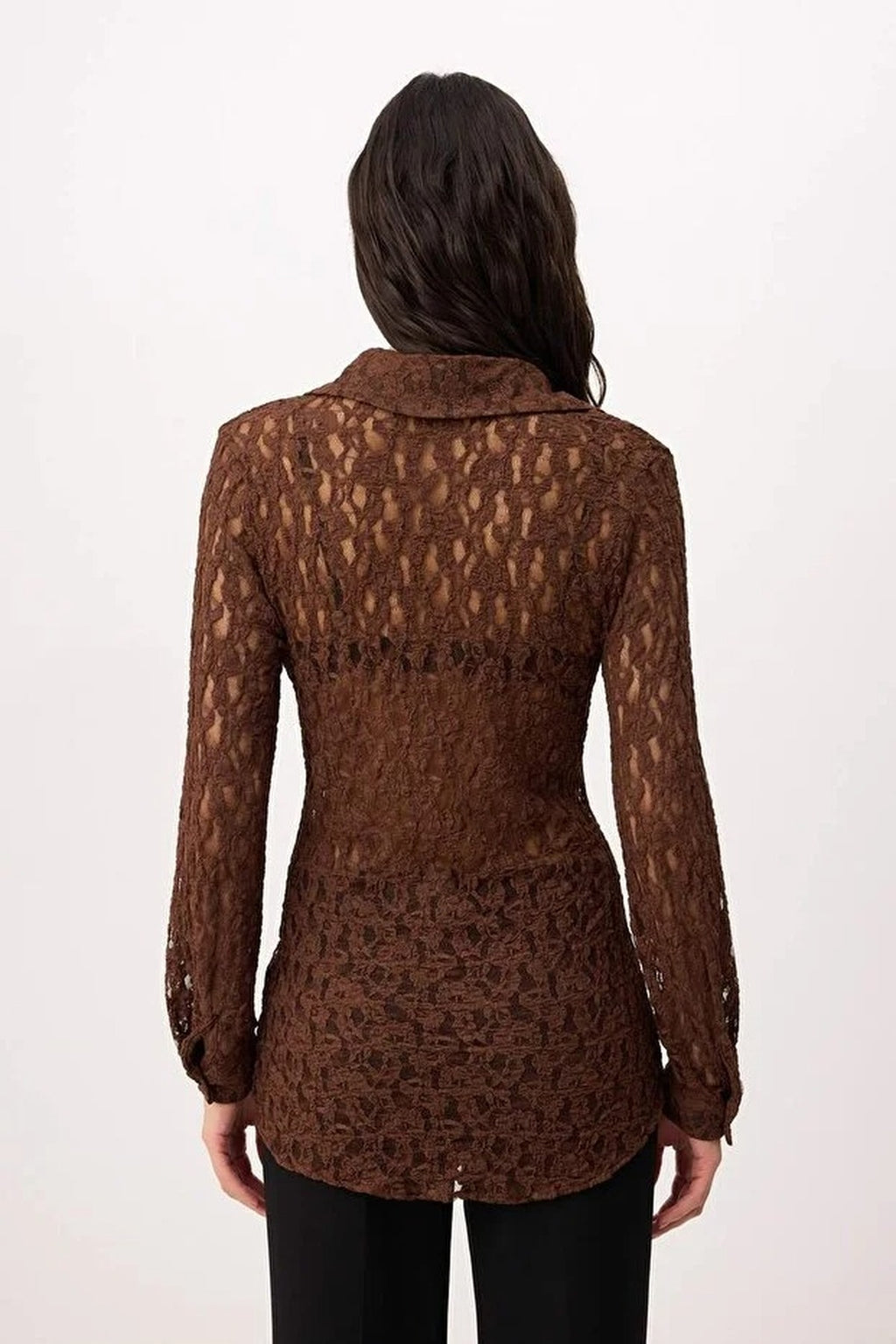 Plain Fitted Shirt Collar Long Sleeve Lace Knit Shirt