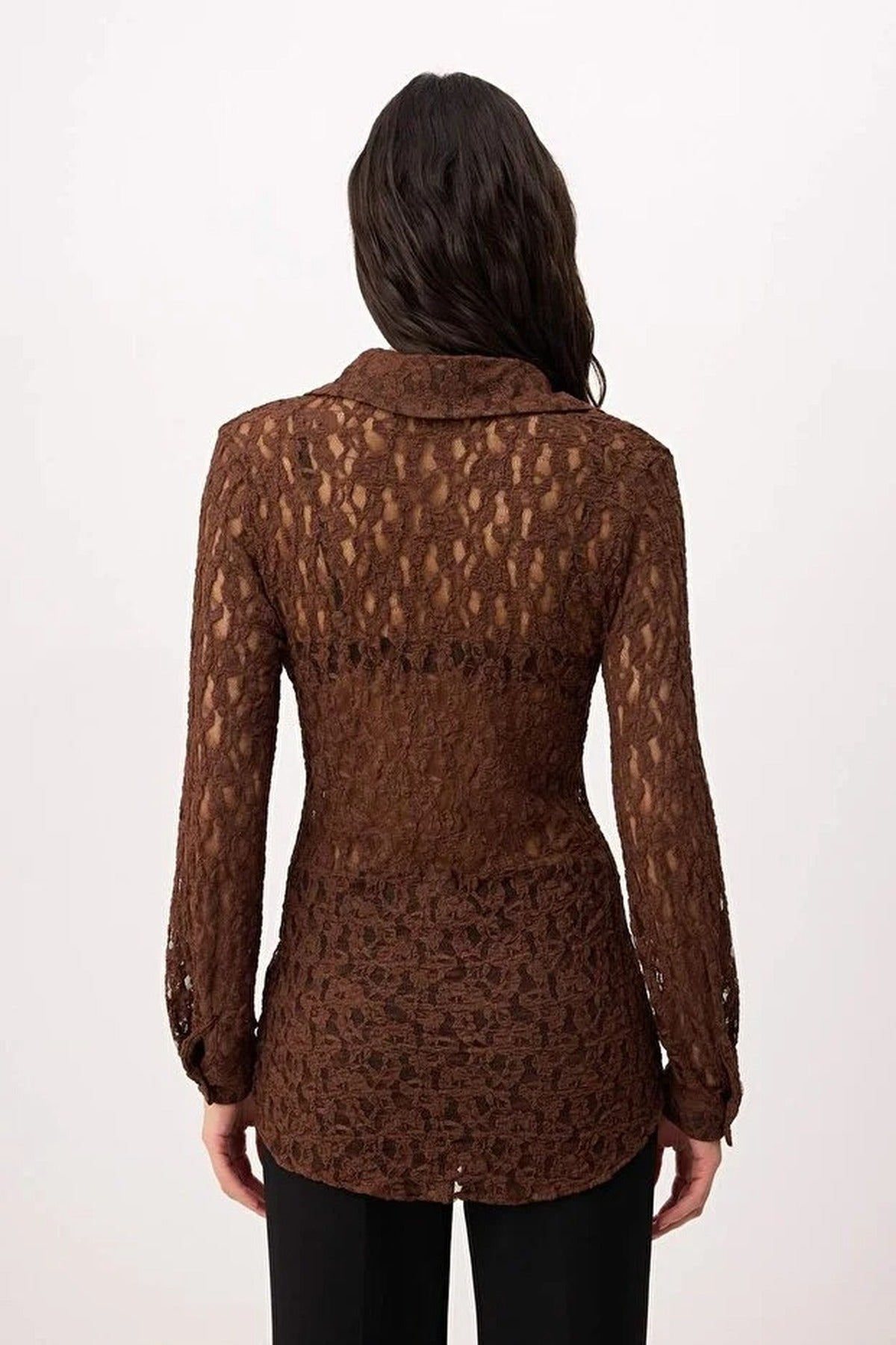 Plain Fitted Shirt Collar Long Sleeve Lace Knit Shirt