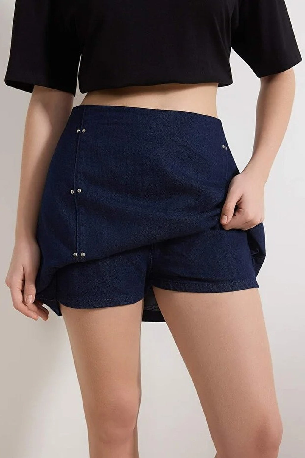 100% Cotton Denim Short Skirt with Accessory Details
