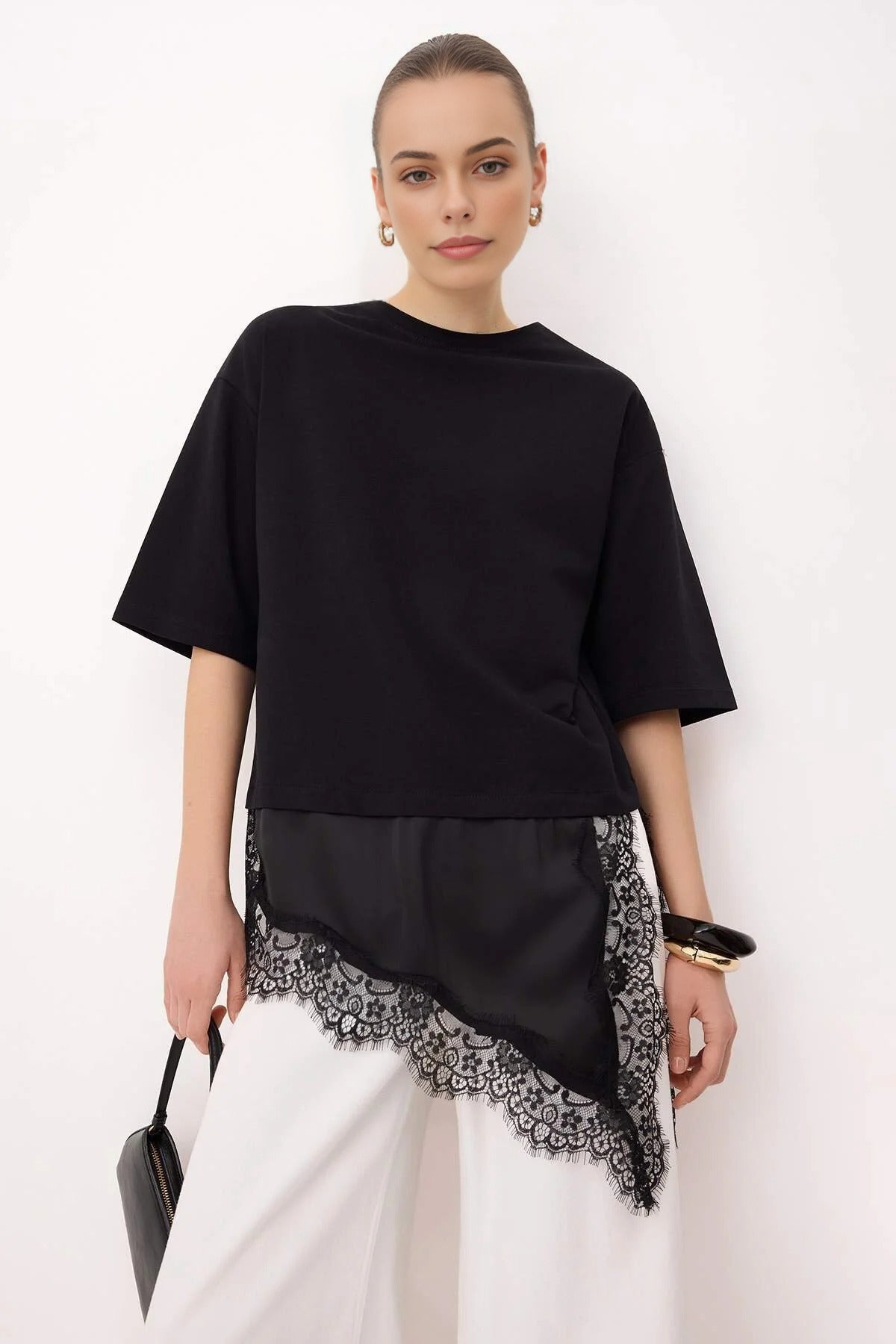 Oversize Asymmetric Lace Detail Short Sleeve T-Shirt