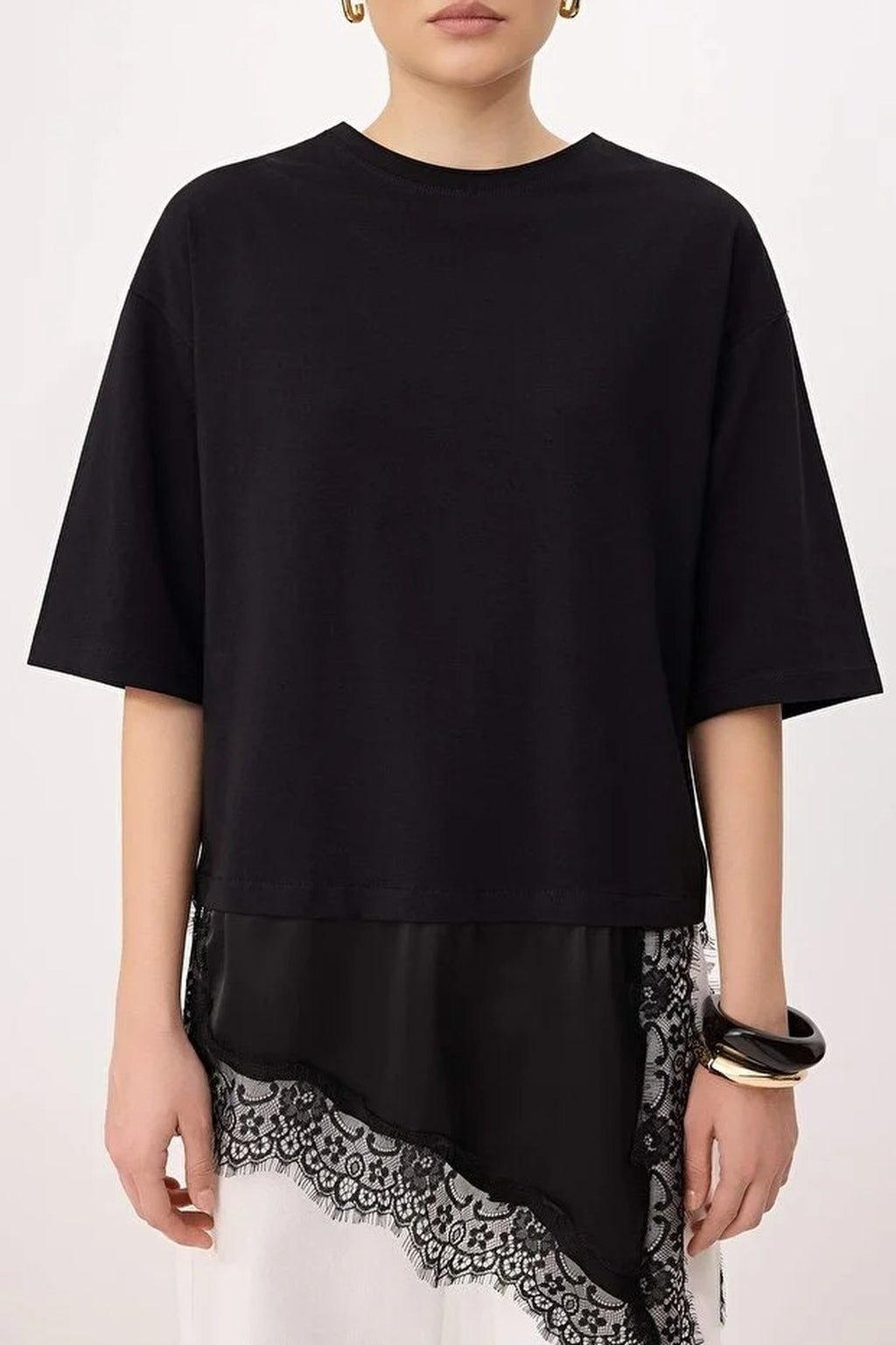 Oversize Asymmetric Lace Detail Short Sleeve T-Shirt