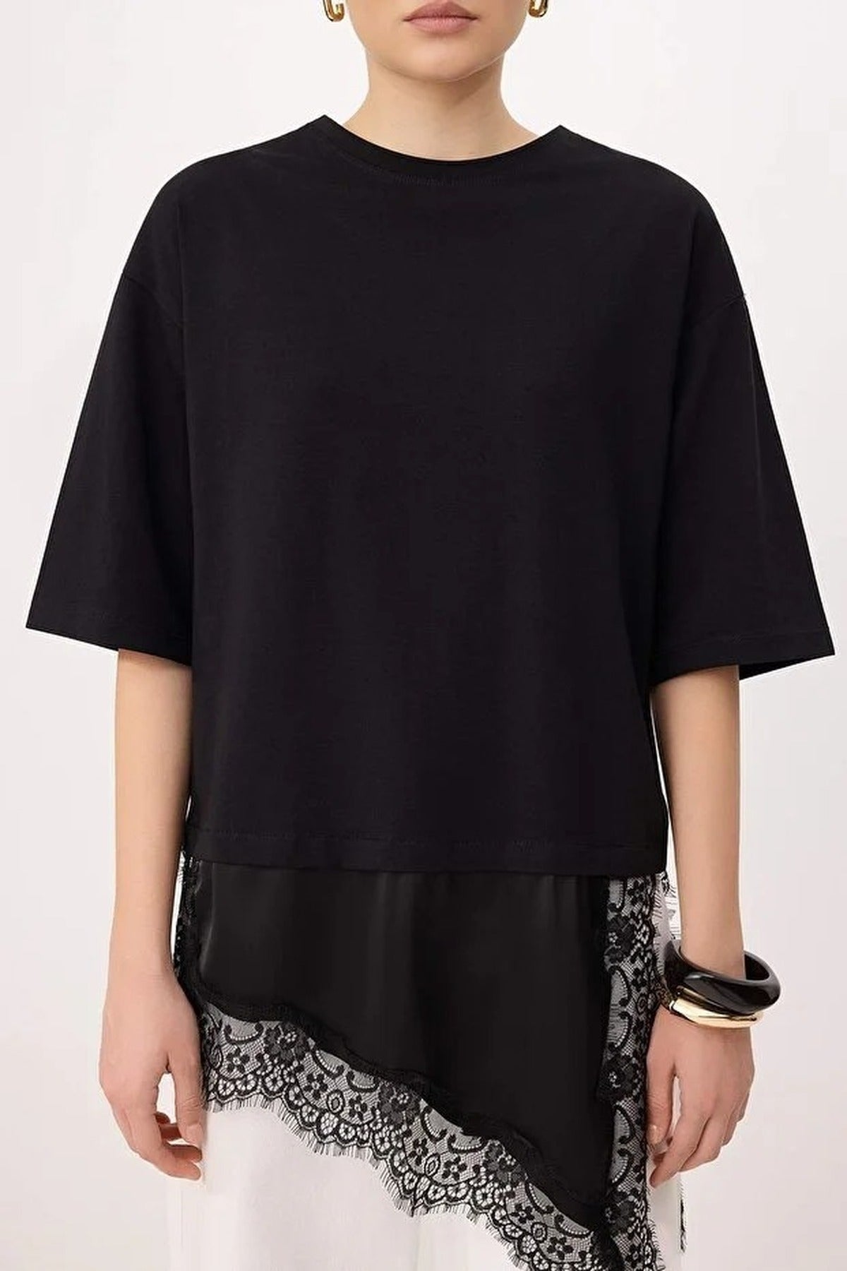 Oversize Asymmetric Lace Detail Short Sleeve T-Shirt