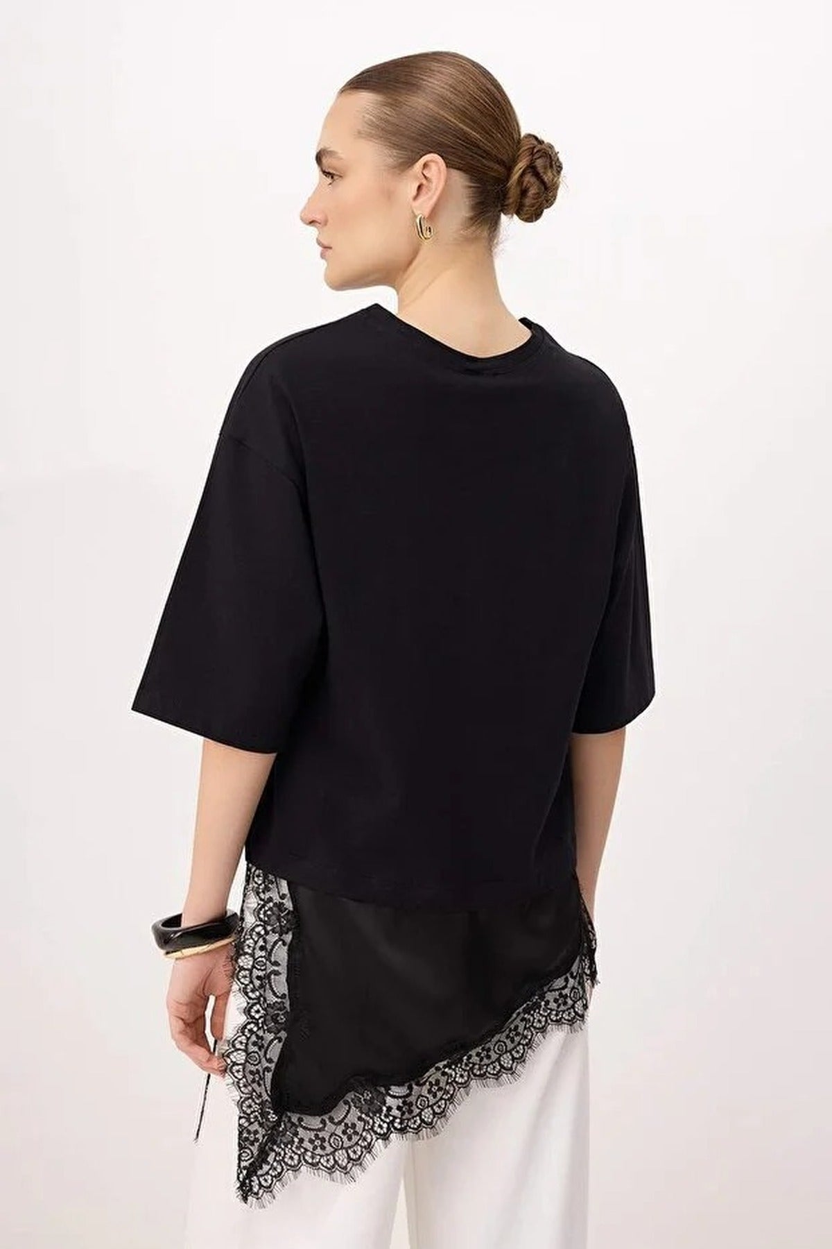Oversize Asymmetric Lace Detail Short Sleeve T-Shirt
