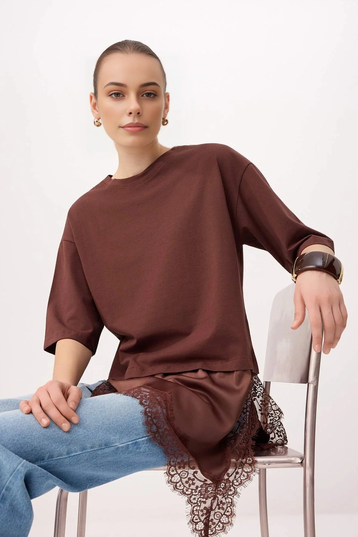 Oversize Asymmetric Lace Detail Short Sleeve T-Shirt