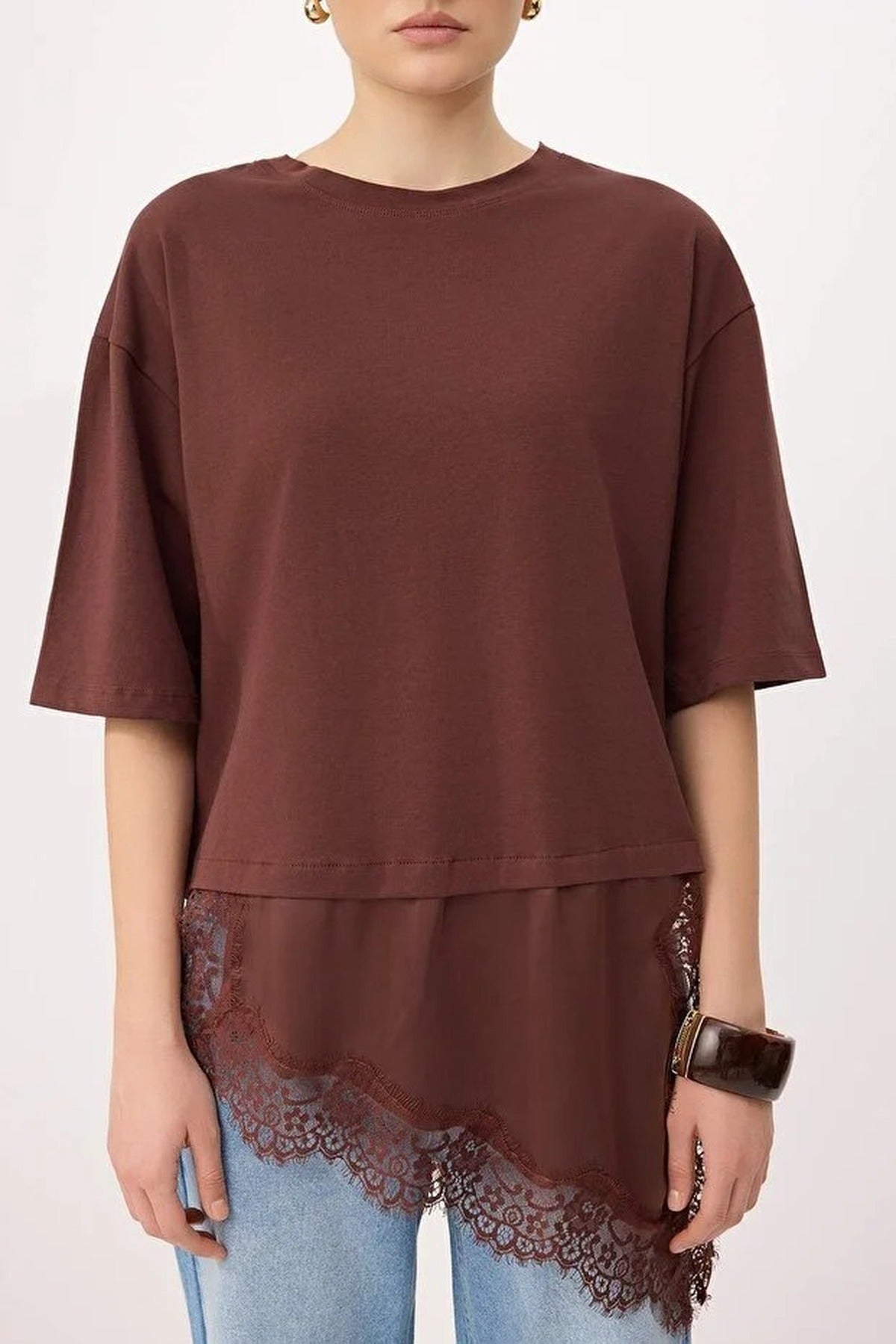 Oversize Asymmetric Lace Detail Short Sleeve T-Shirt