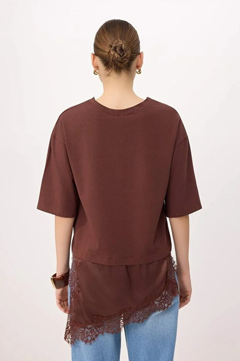 Oversize Asymmetric Lace Detail Short Sleeve T-Shirt