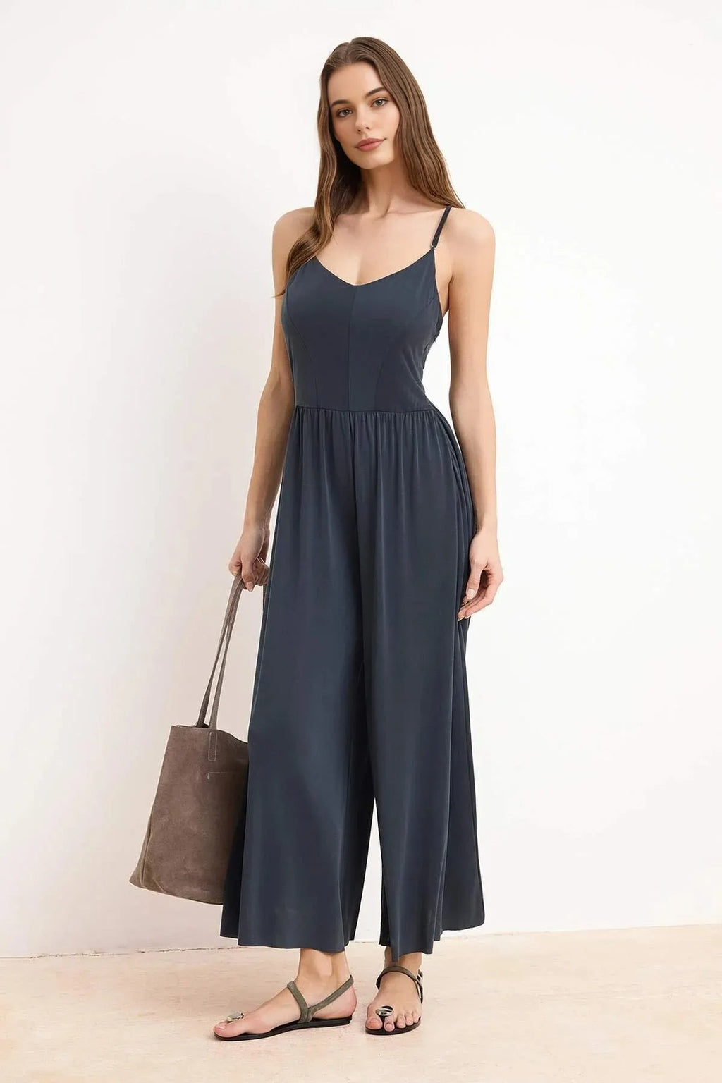 V-Neck Sleeveless Ruched Long Knitted Jumpsuit