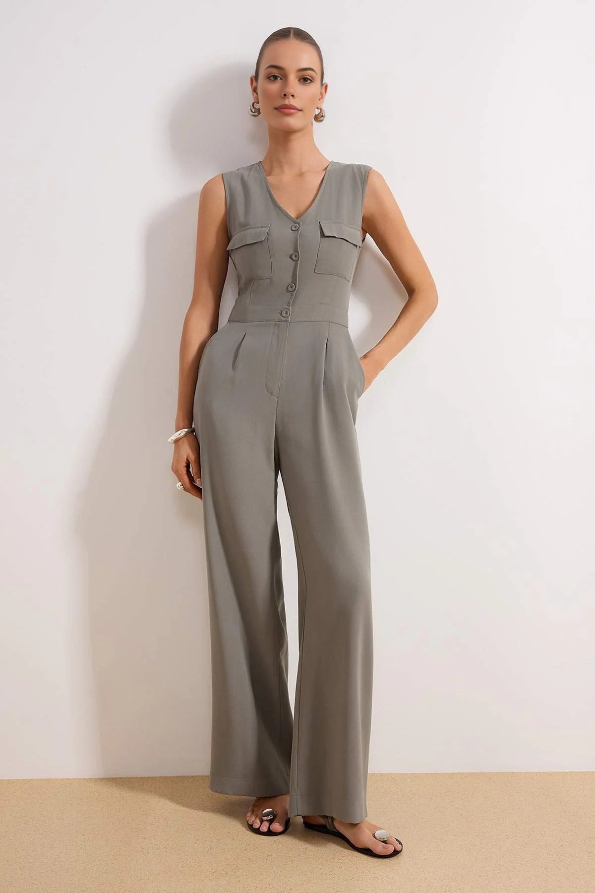 Modal Wide Leg Button Detail Sleeveless Woven Jumpsuit
