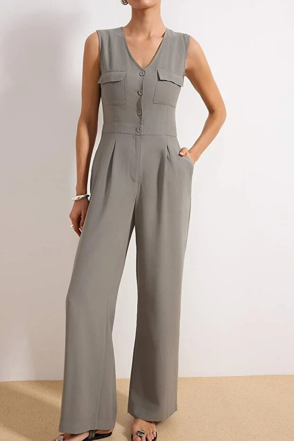 Modal Wide Leg Button Detail Sleeveless Woven Jumpsuit