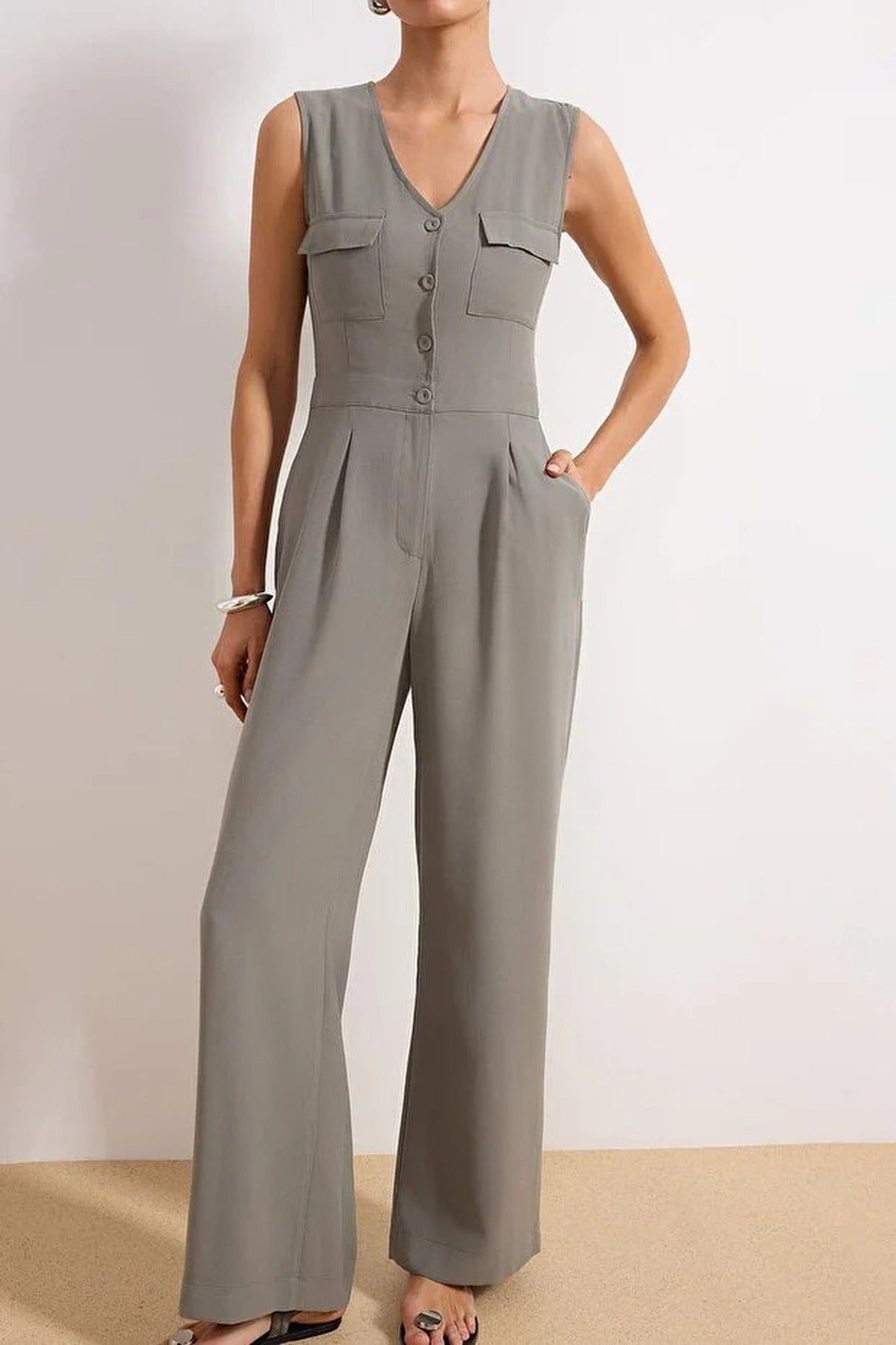 Modal Wide Leg Button Detail Sleeveless Woven Jumpsuit