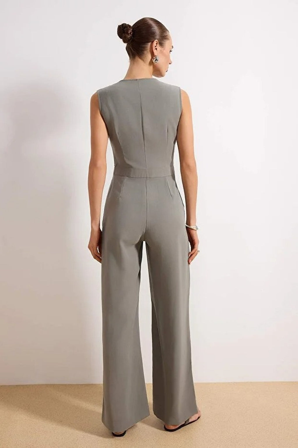 Modal Wide Leg Button Detail Sleeveless Woven Jumpsuit