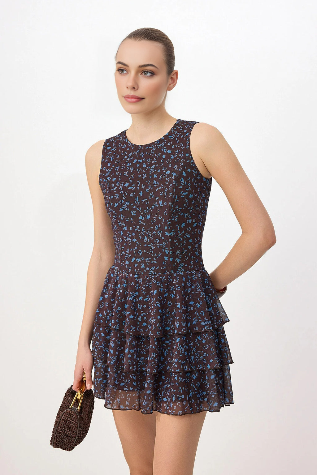Floral Print Fitted Sleeveless Ruffle Tapered Leg Mesh Knit Jumpsuit
