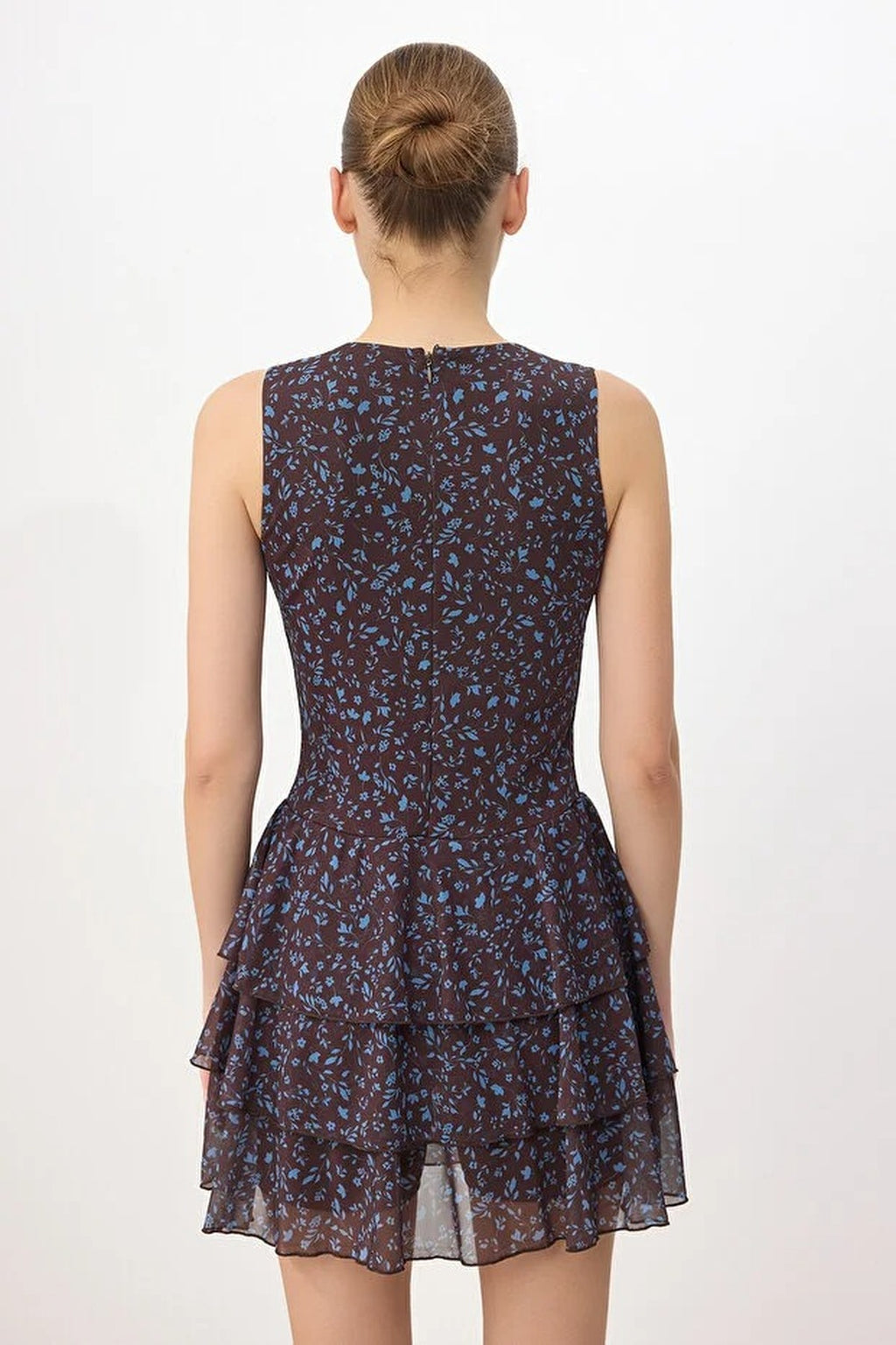 Floral Print Fitted Sleeveless Ruffle Tapered Leg Mesh Knit Jumpsuit