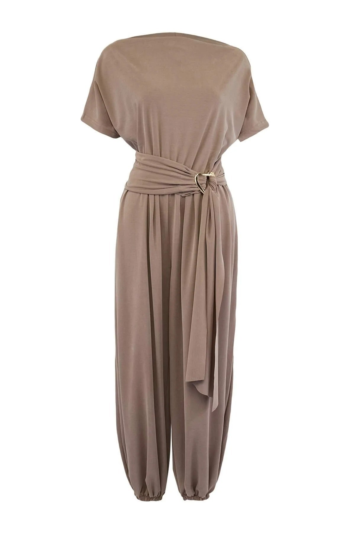 Boat Neck Belted Wide Leg Long Knitted Jumpsuit