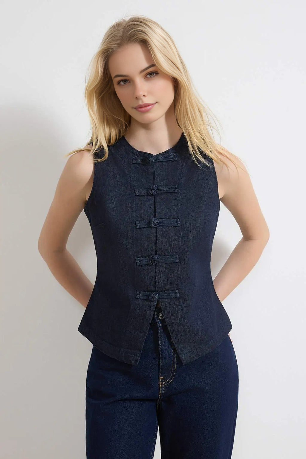 Button Detail Fitted 100% Cotton Denim Vest