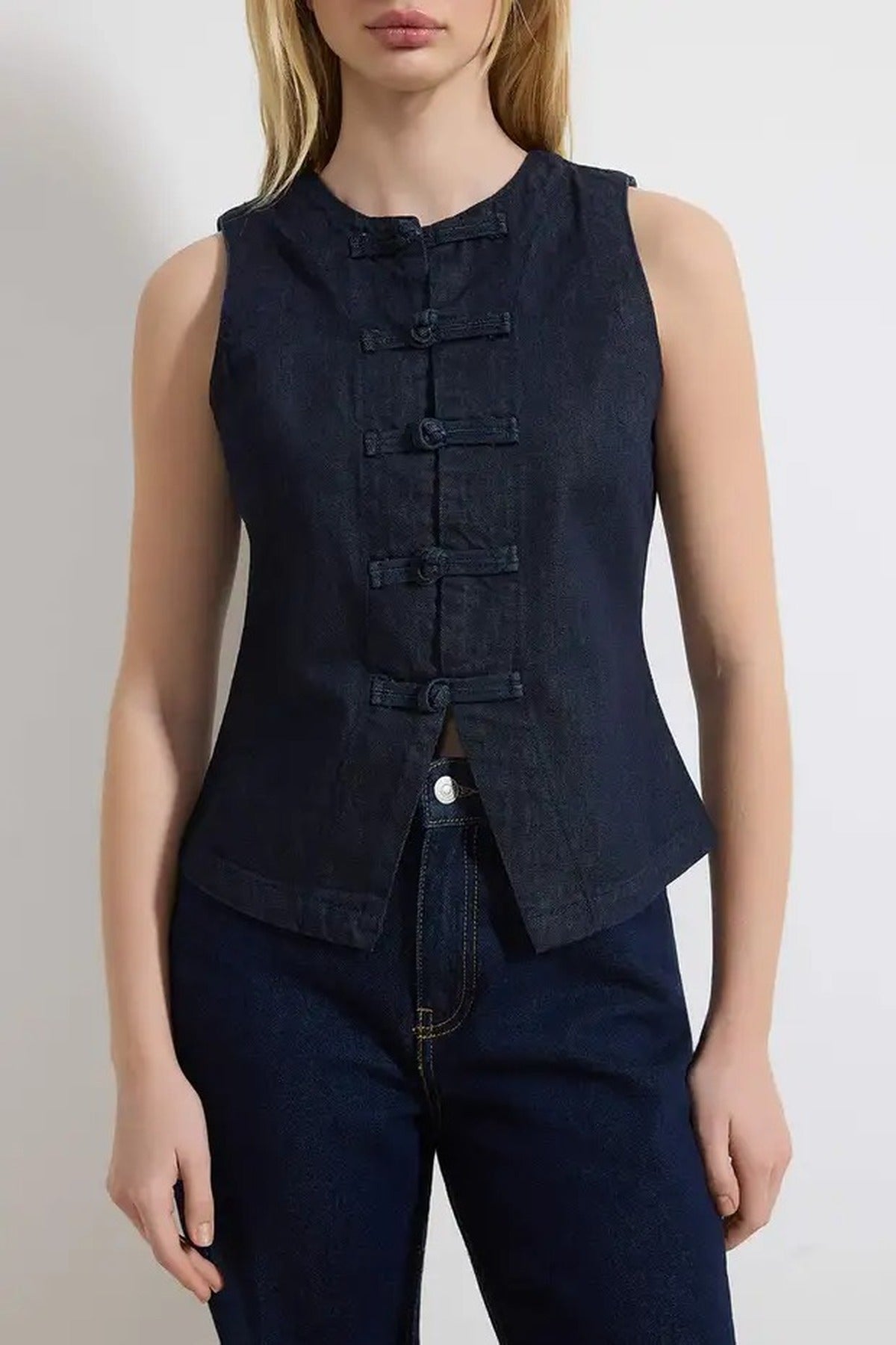 Button Detail Fitted 100% Cotton Denim Vest