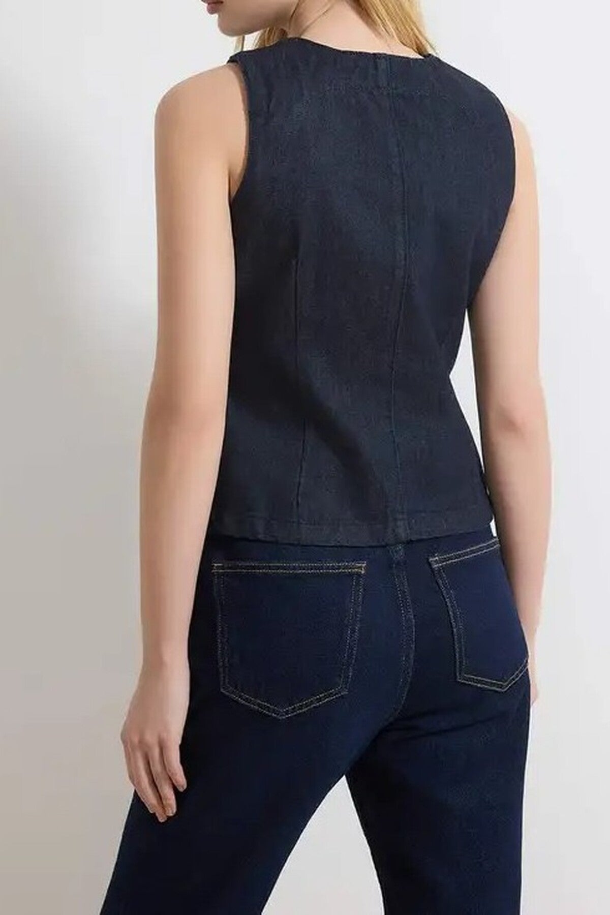 Button Detail Fitted 100% Cotton Denim Vest