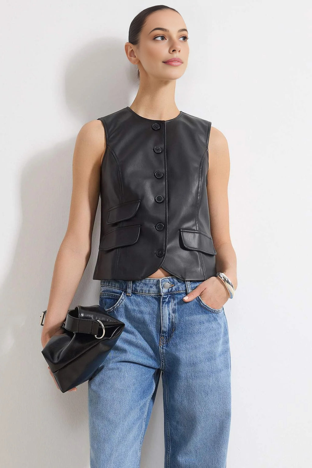Faux Leather Fitted Woven Vest