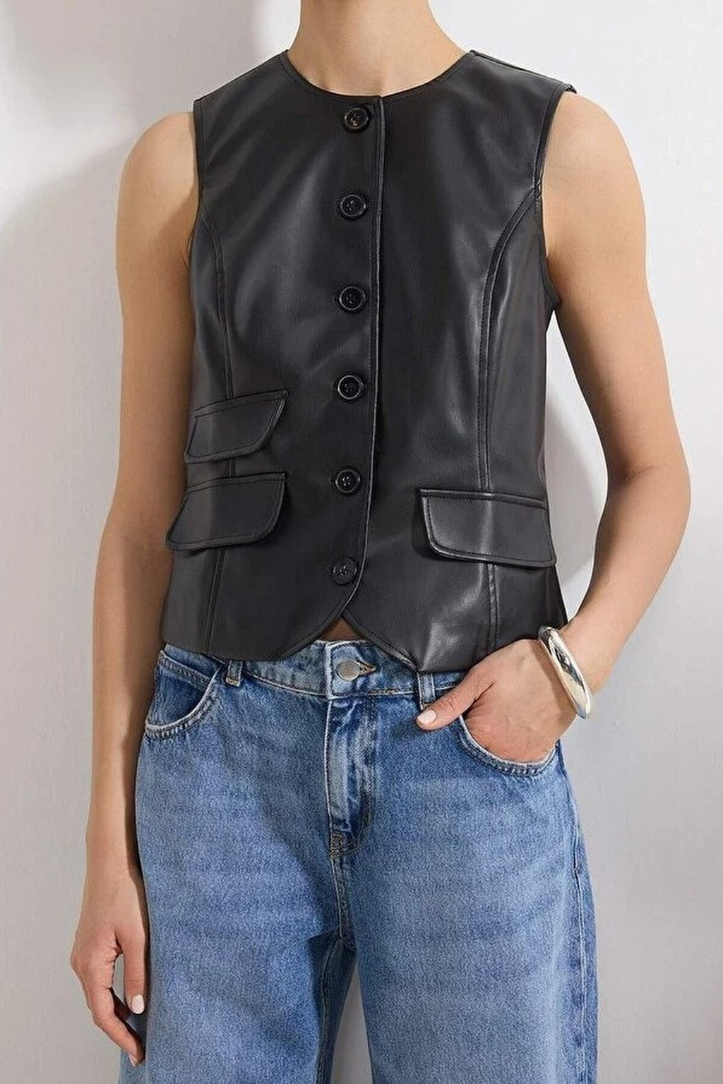 Faux Leather Fitted Woven Vest