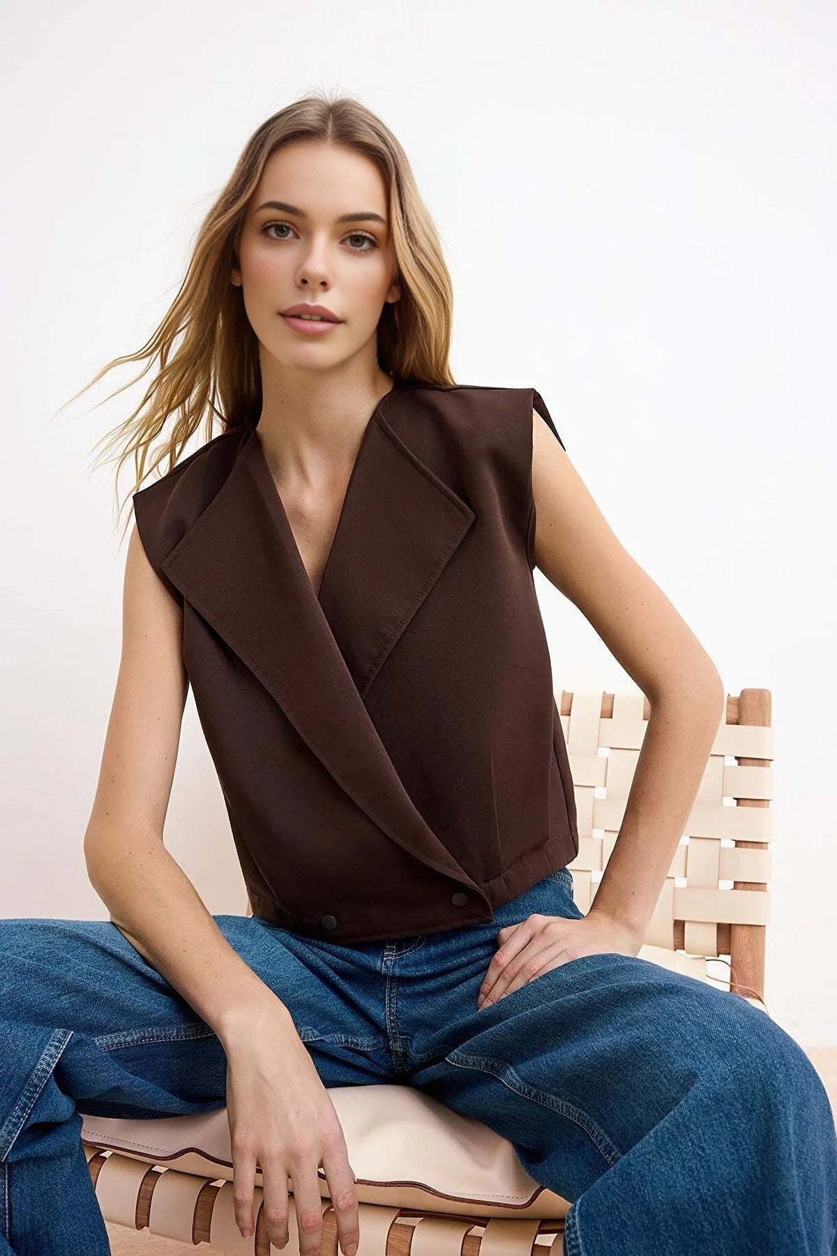 Jacket Collar Waist Stopper Detail Woven Vest