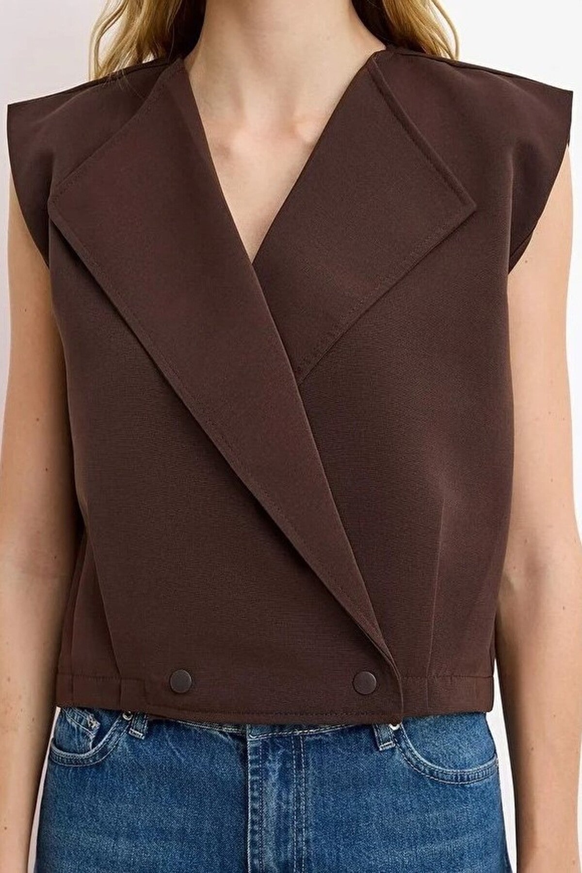 Jacket Collar Waist Stopper Detail Woven Vest