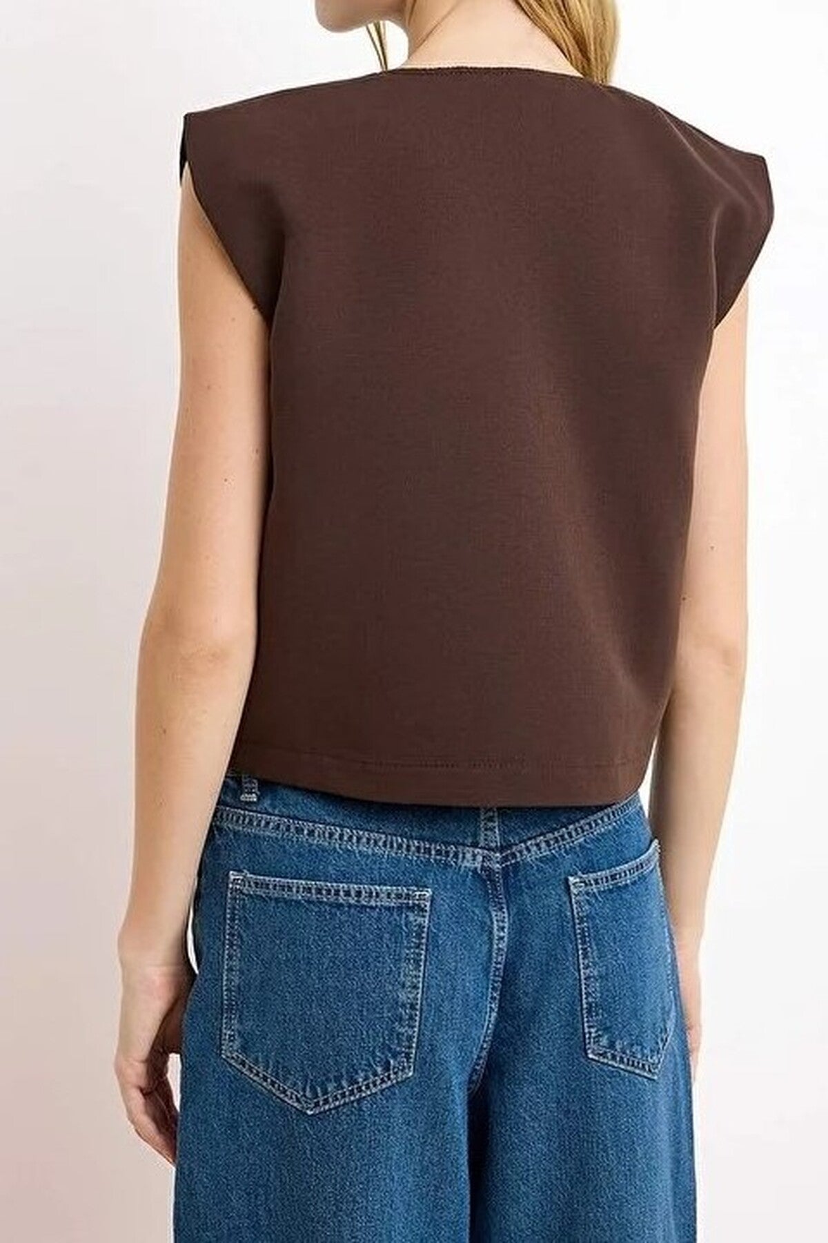 Jacket Collar Waist Stopper Detail Woven Vest