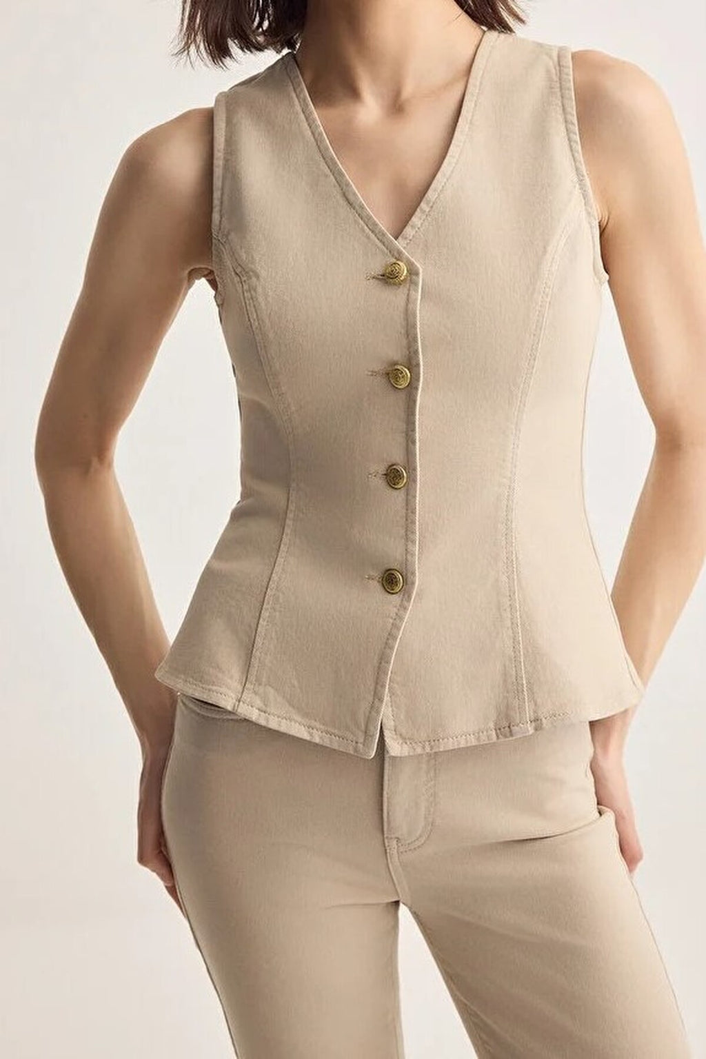 Denim Vest with Gold Button Detail