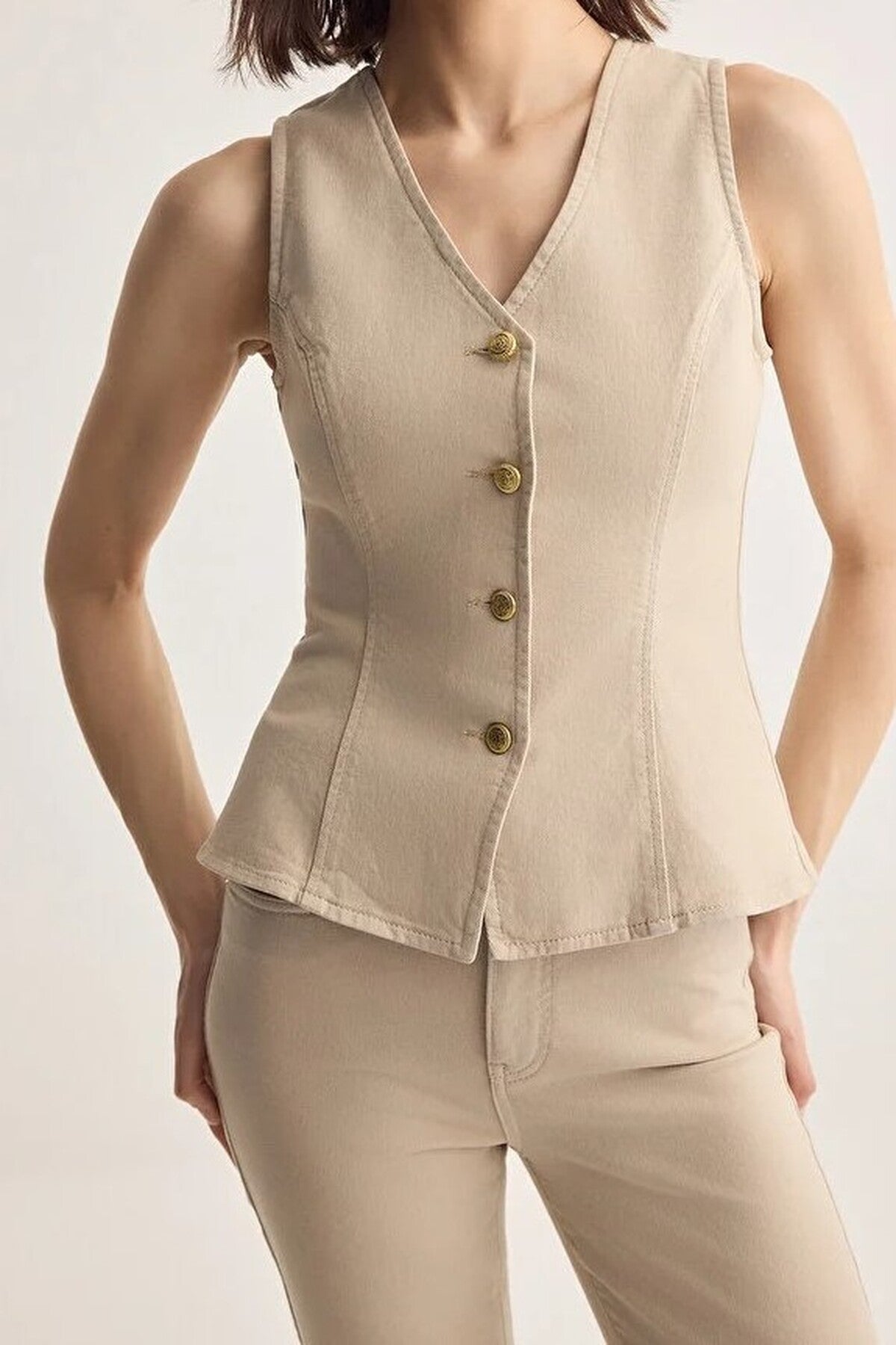 Denim Vest with Gold Button Detail