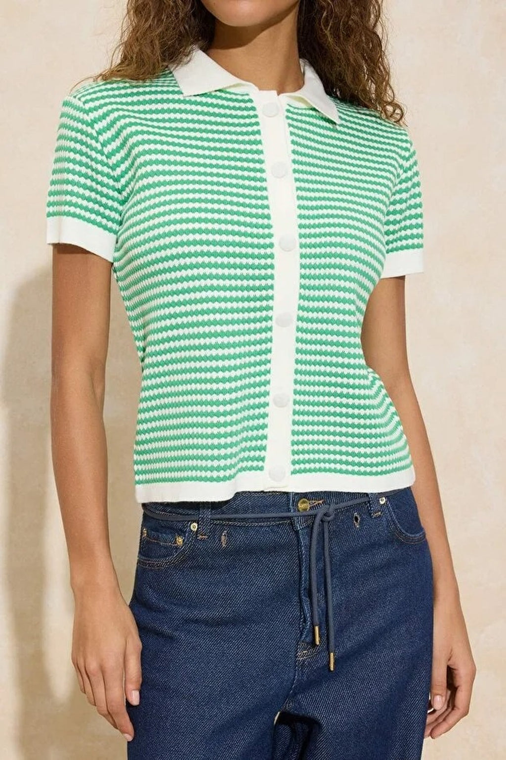 Striped Polo Neck Knit Mid-Length Blouse