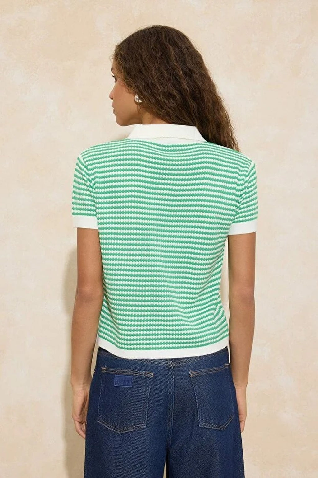 Striped Polo Neck Knit Mid-Length Blouse