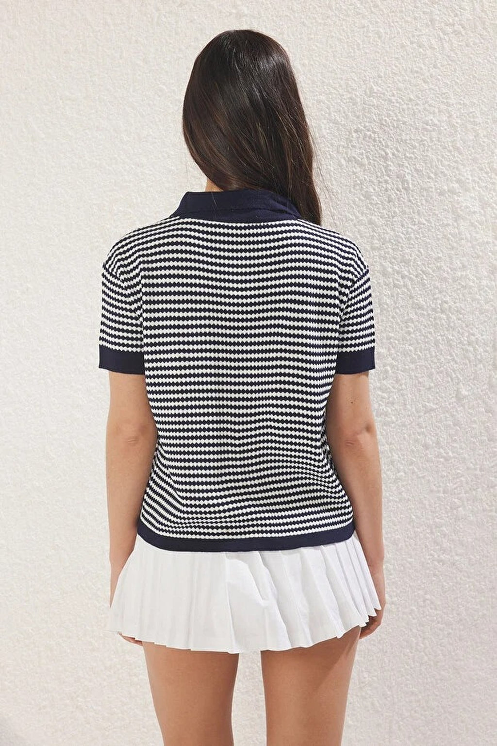 Striped Polo Neck Knit Mid-Length Blouse