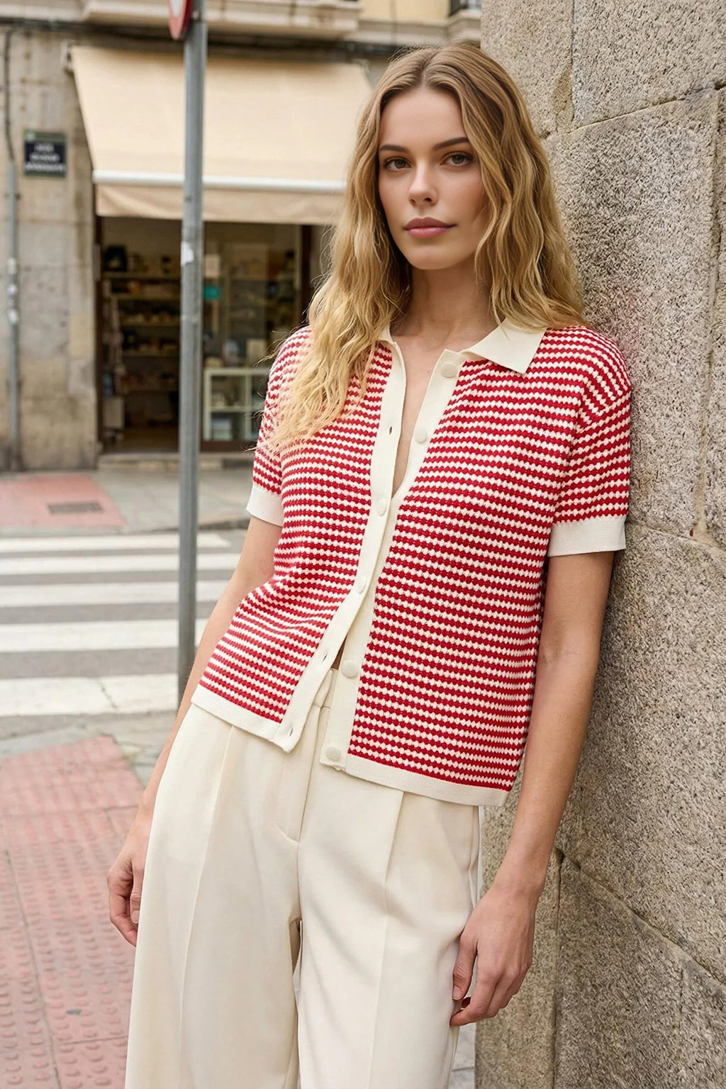 Striped Polo Neck Knit Mid-Length Blouse