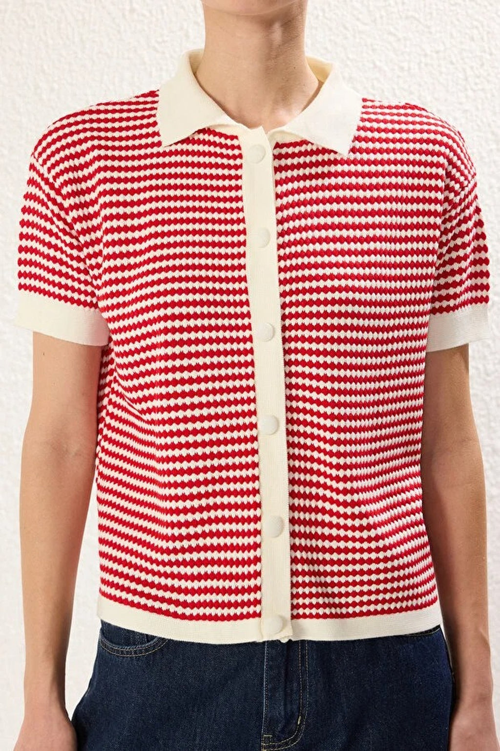 Striped Polo Neck Knit Mid-Length Blouse