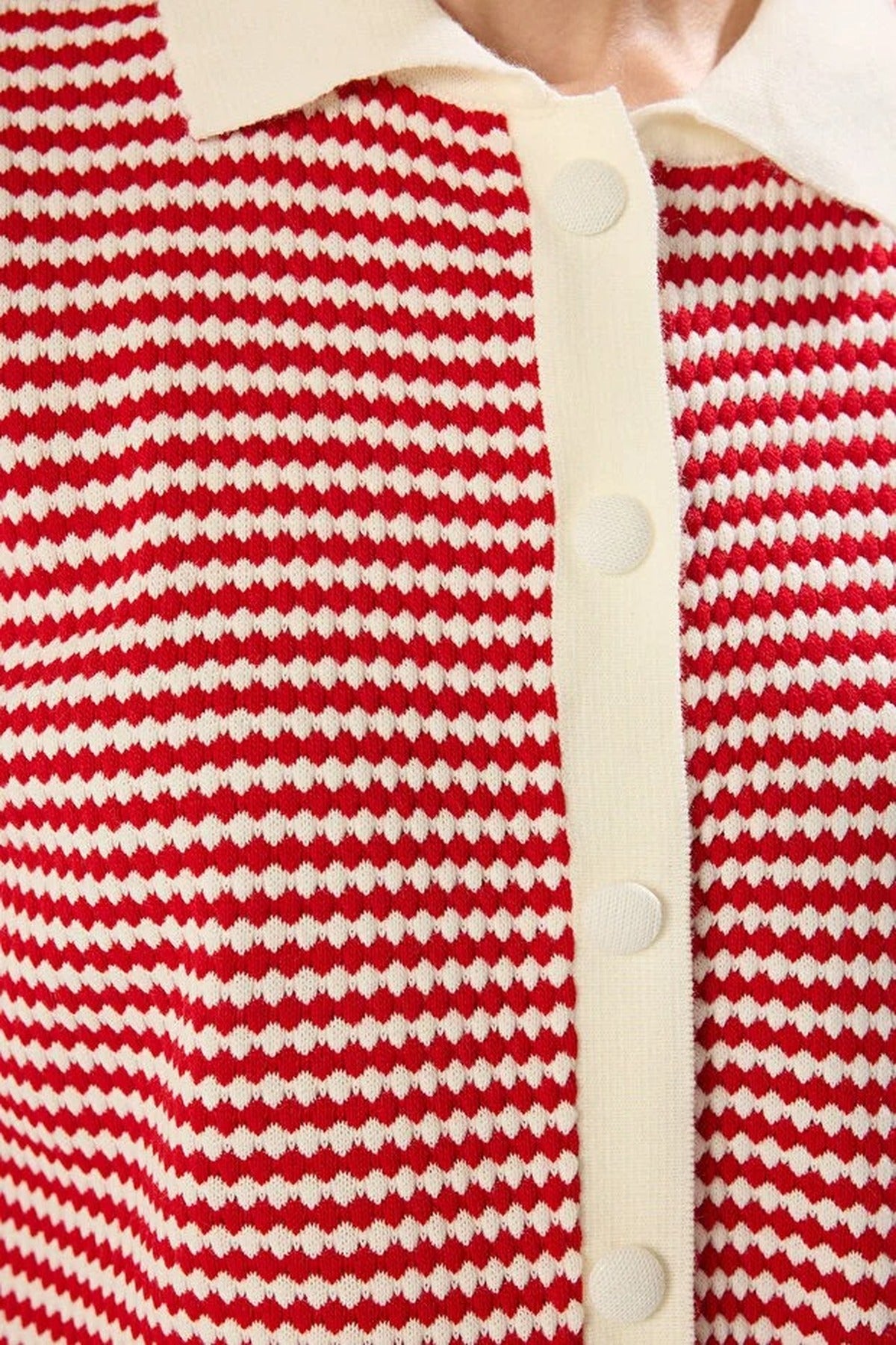 Striped Polo Neck Knit Mid-Length Blouse