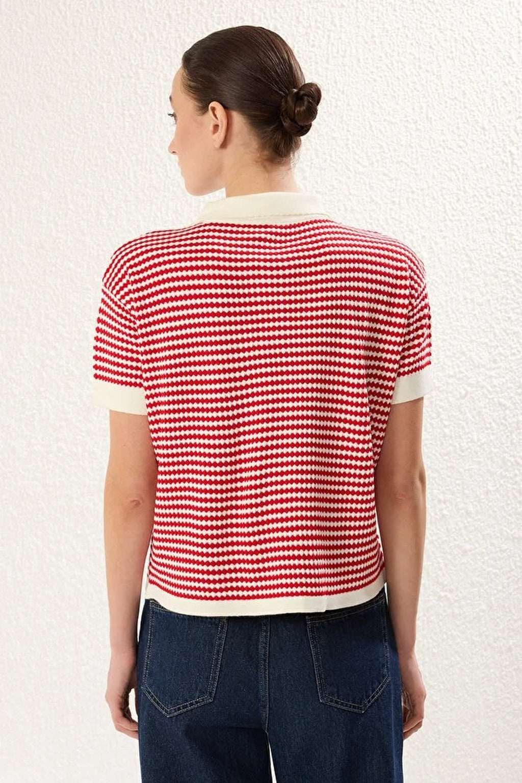 Striped Polo Neck Knit Mid-Length Blouse