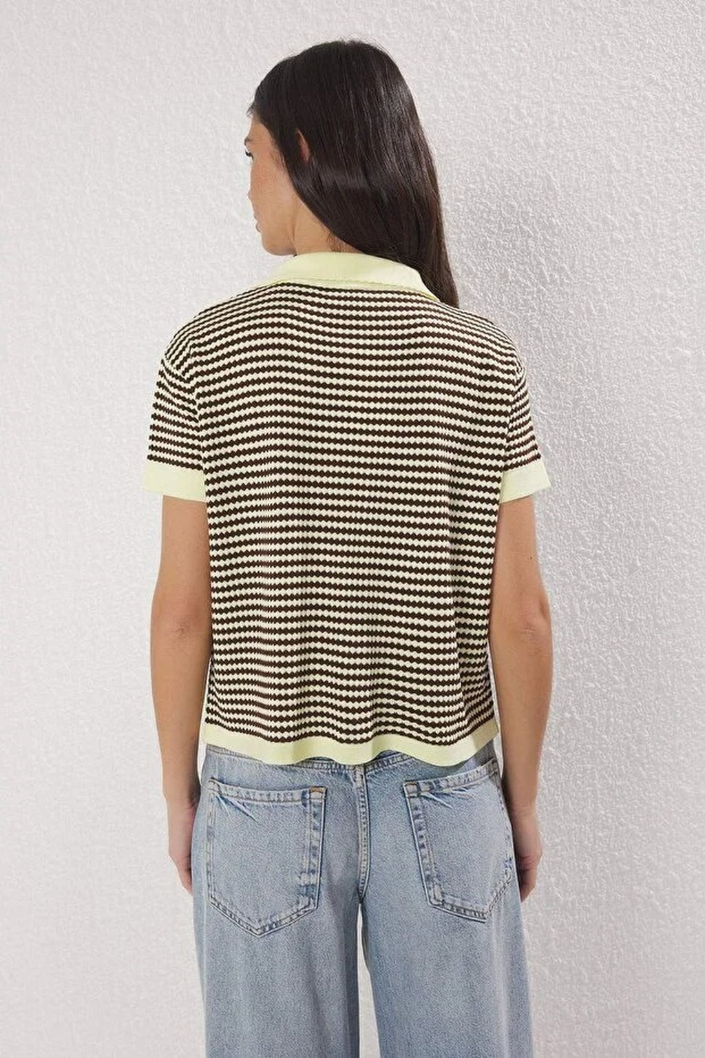 Striped Polo Neck Knit Mid-Length Blouse