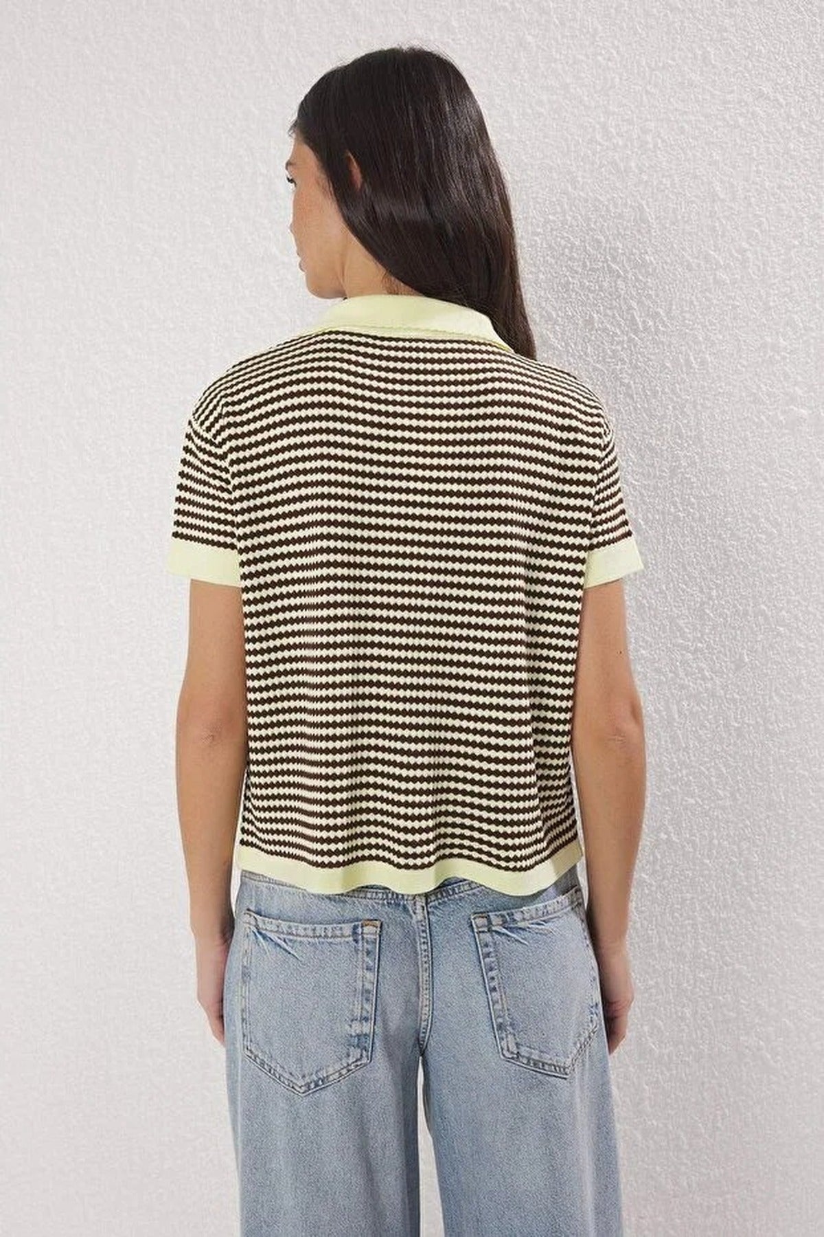 Striped Polo Neck Knit Mid-Length Blouse